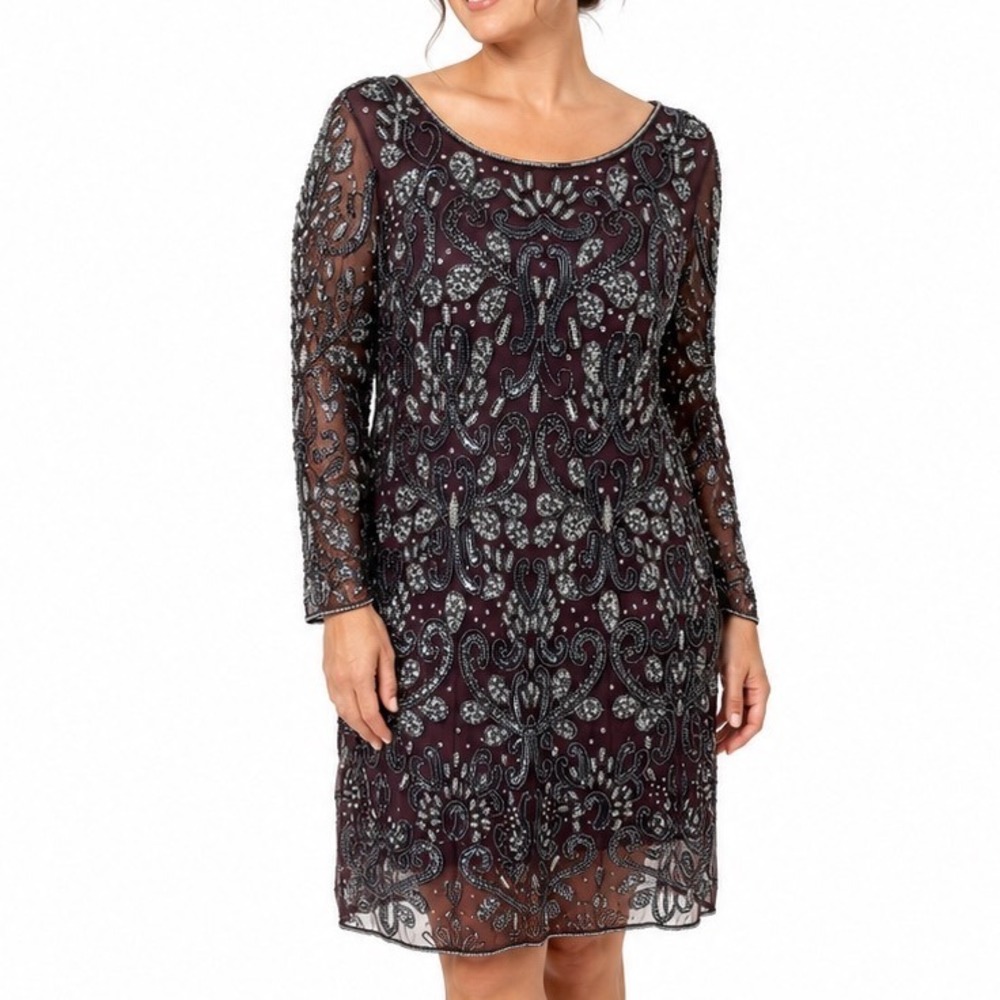 Vintage Pisarro‎ Nights Mini Dress Beaded Sequins Long Sleeve Deep Purple 14